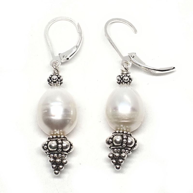 Granulated sterling silver and pearl earrings