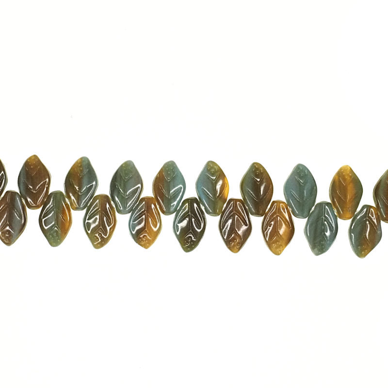 12 mm by 8 mm top-drilled blue and green vintage glass leaves