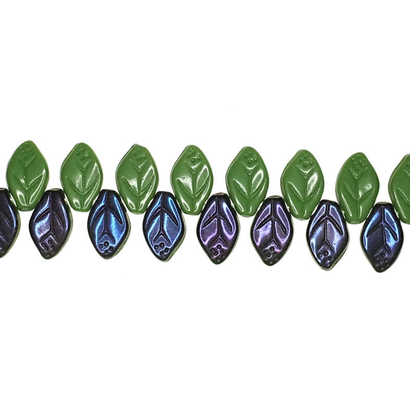 12 mm by 8 mm top-drilled green and purple vintage glass leaves