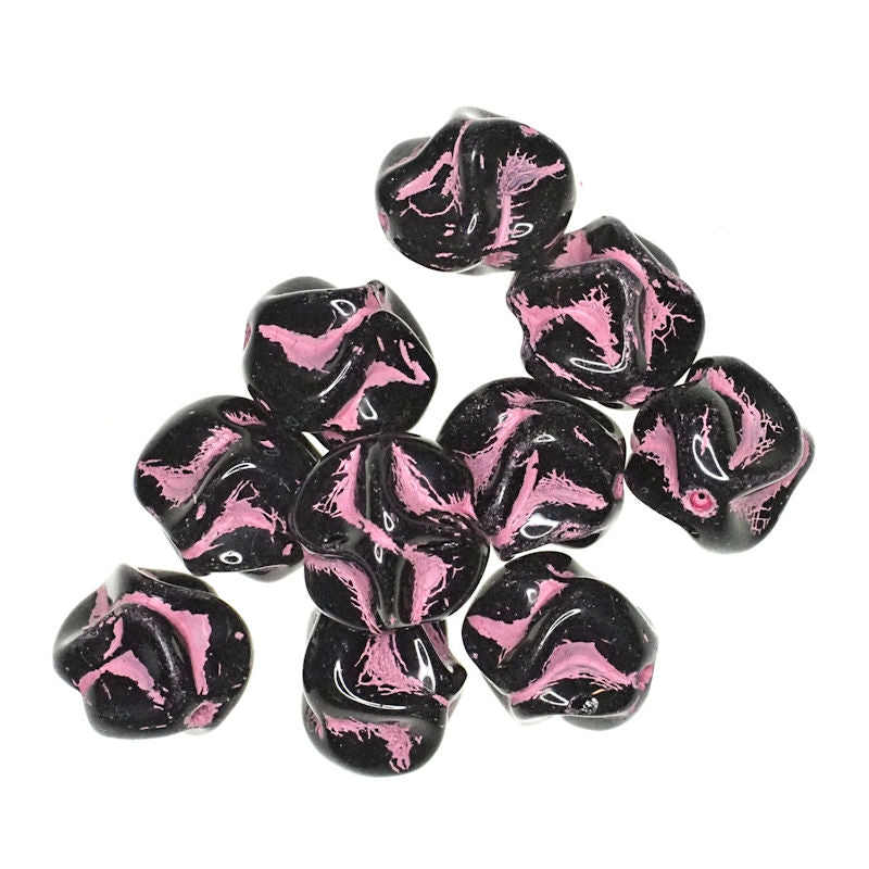 13 mm pink and black groovy beads