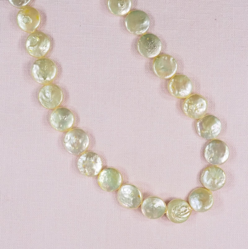 14 mm by 12 mm celery green coin pearls