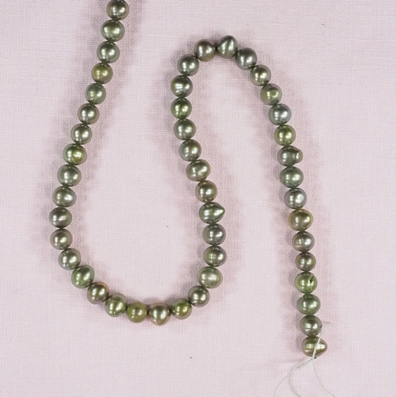 8 mm by 8 mm lustrous moss green potato pearls