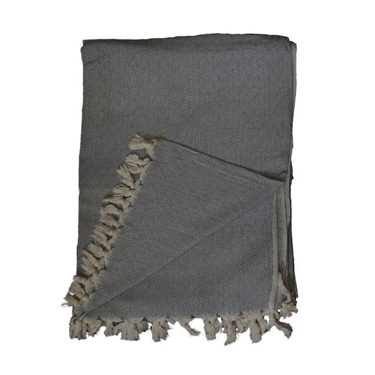 Slate blue and white hand-loomed cotton blanket